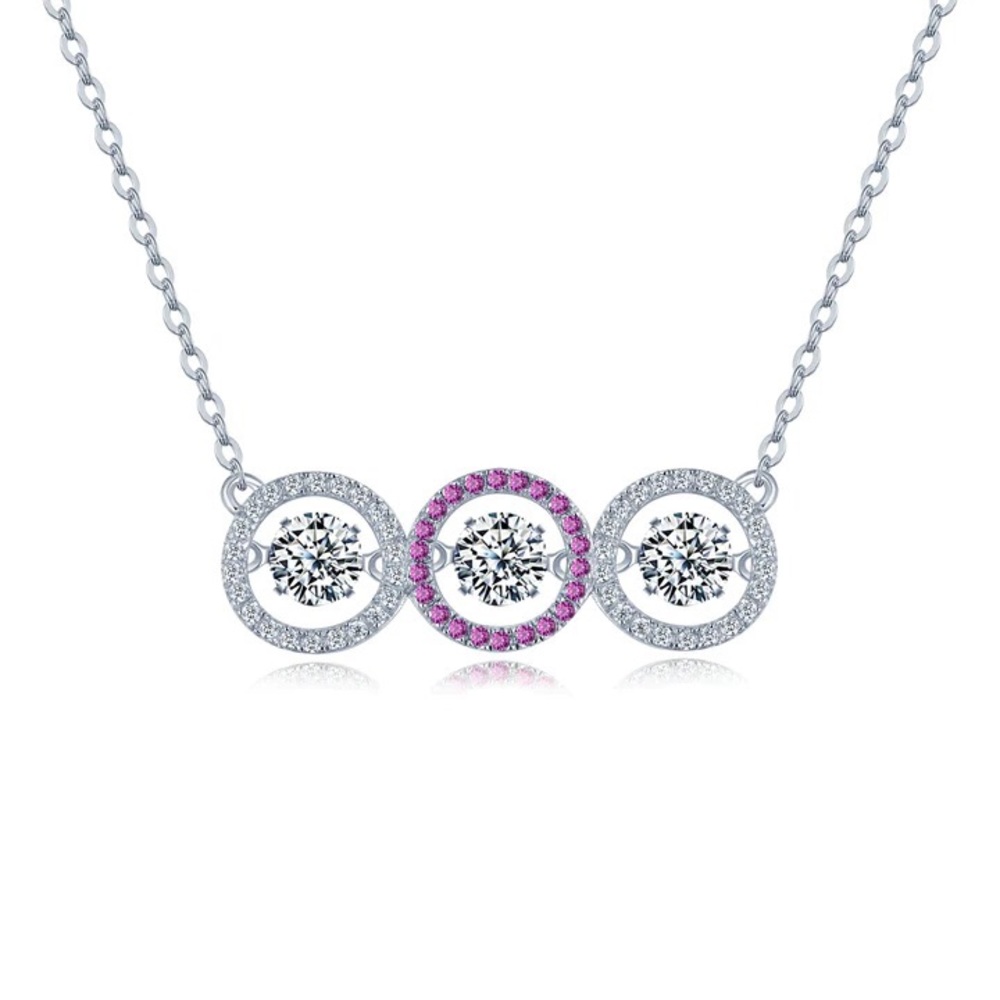 STERLING SILVER CUBIC ZIRCONIA CIRCLE NECKLACE-3 CIRCLE SHAPED DANCING PENDANTS